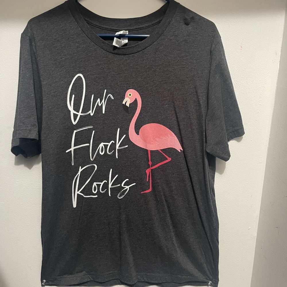 Size Large "Our Flock Rocks" Funny Flamingo T-Shirt